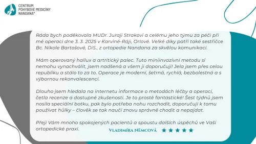 Poděkování od pacientky po operaci hallux a artritického palce